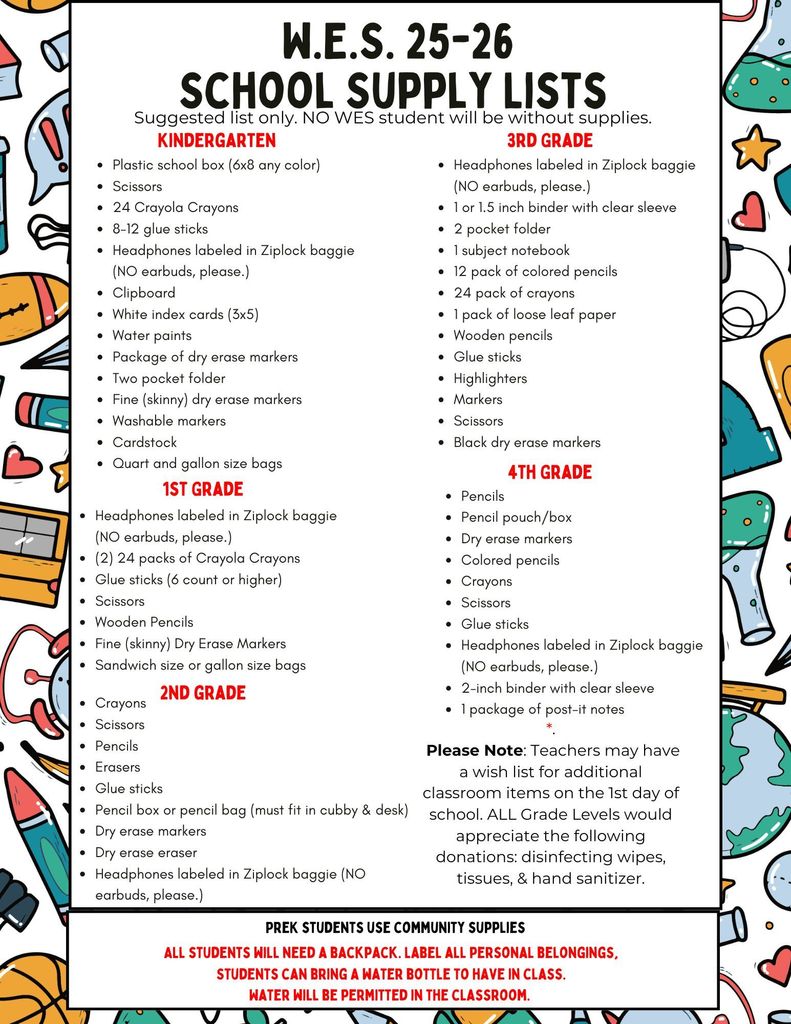 W.E.S. 25-26 School Supply Lists