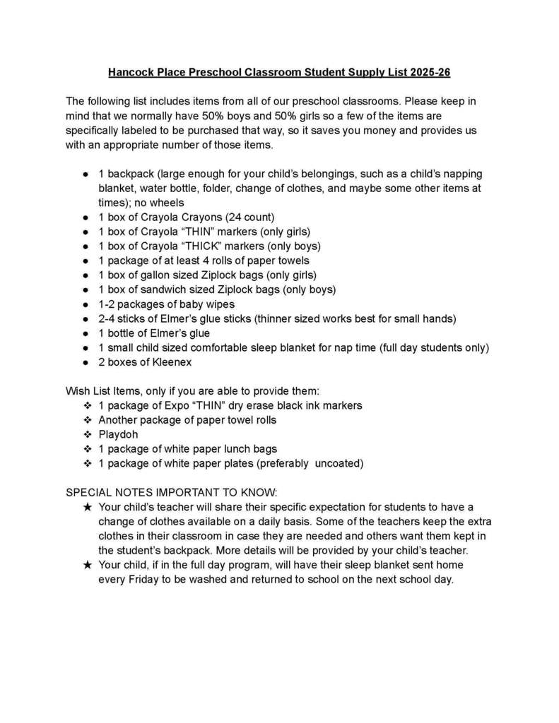 Preschool Classroom Supply List 2025
