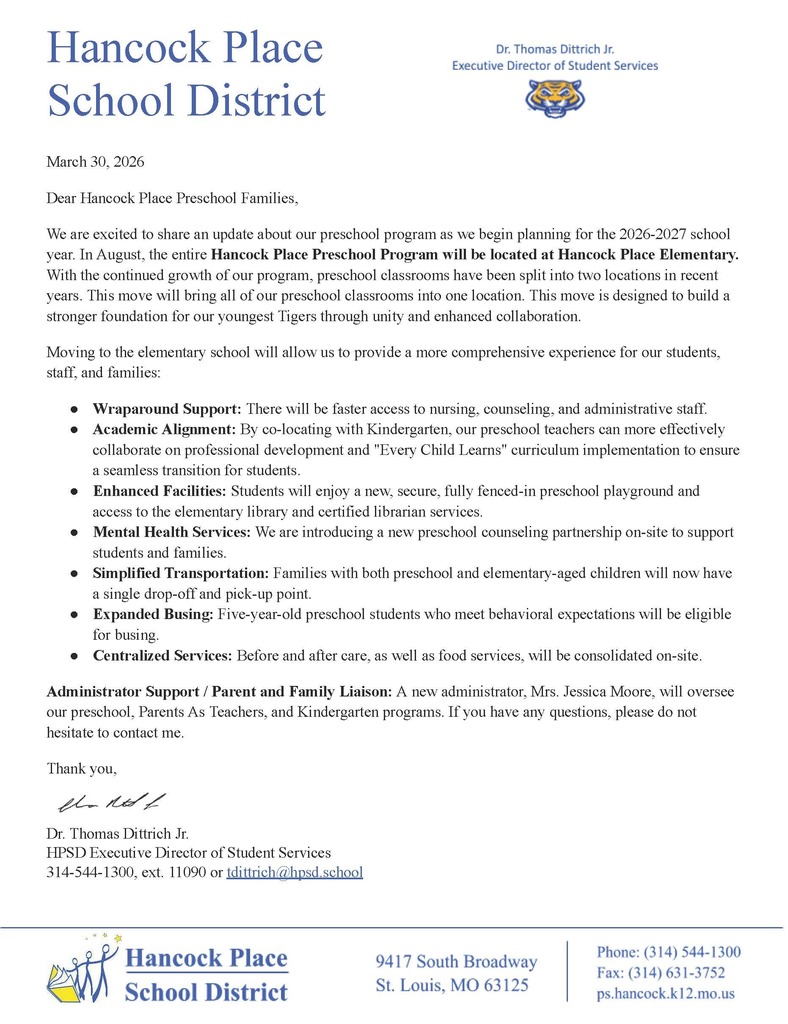 HP Preschool Program to HPES Parent Letter
