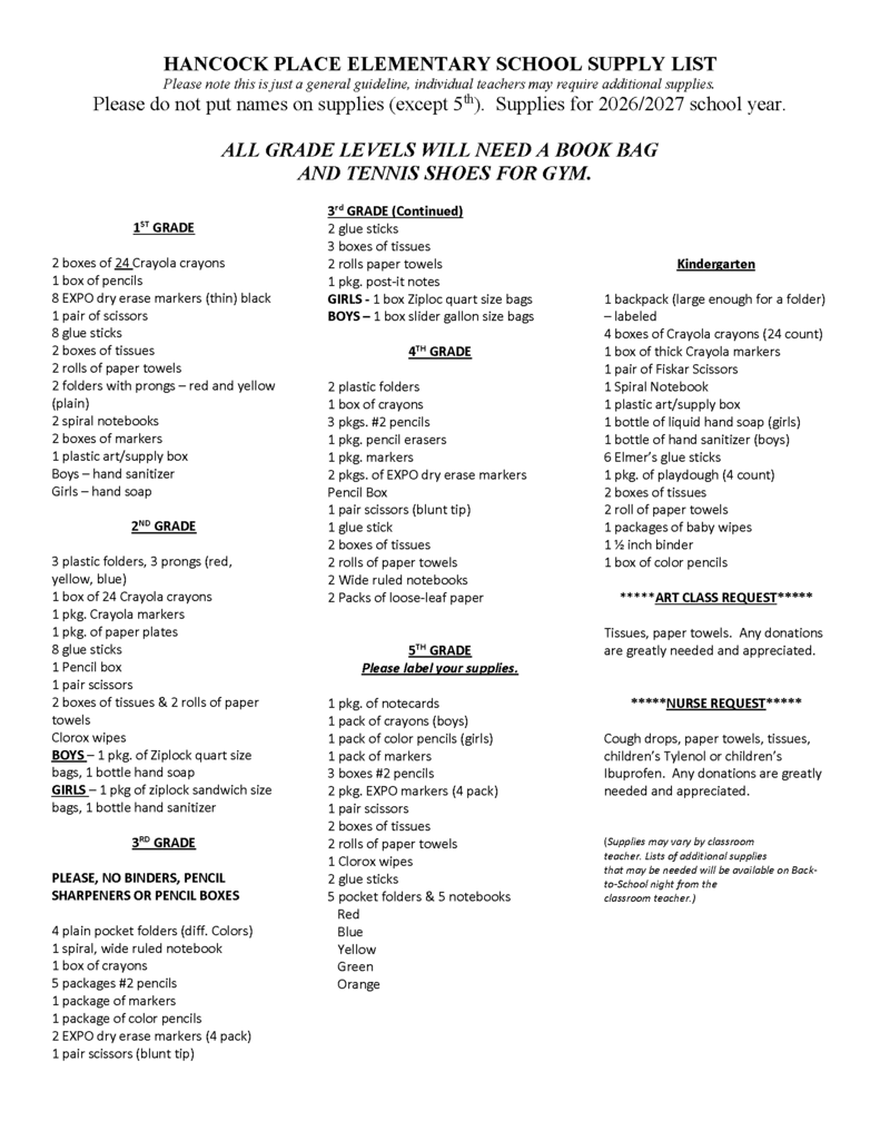 Updated School Supply List