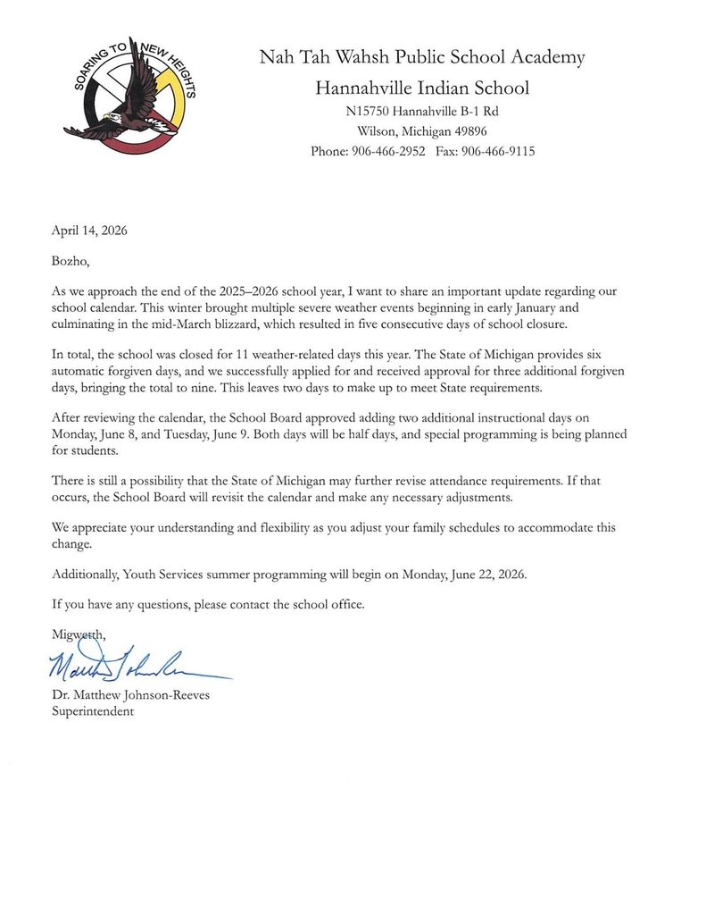 Updated School Calendar Letter