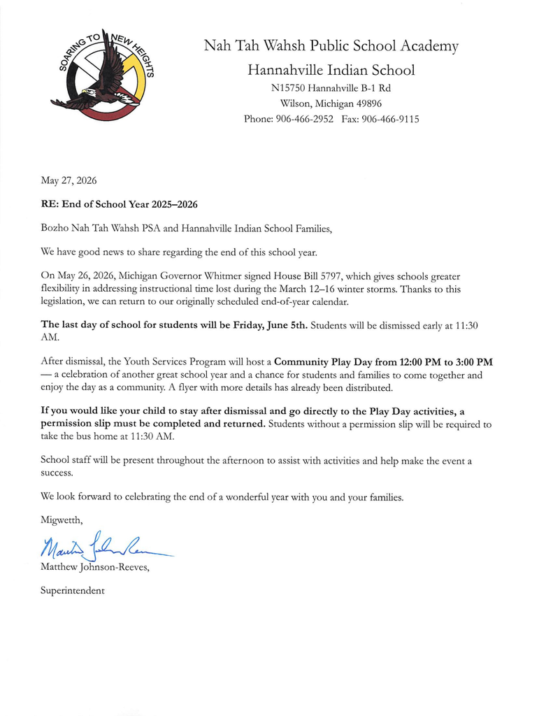 RE: End of School Year 2025-2026