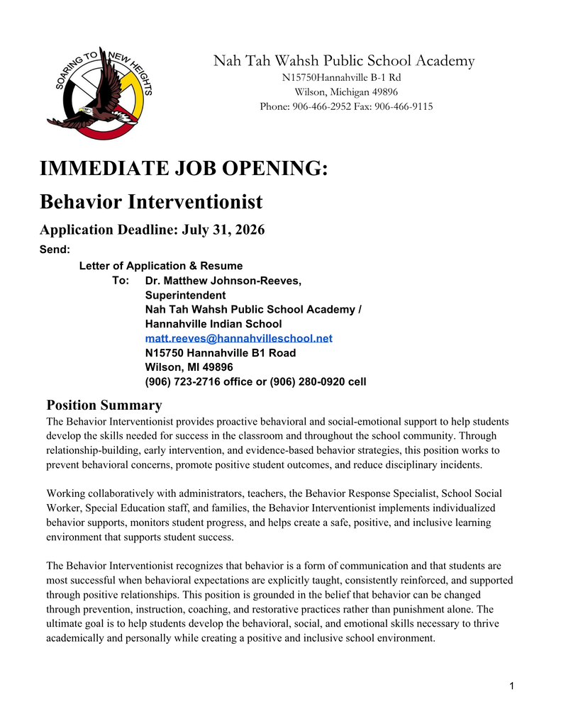 Behavioral Interventionist 2026-27 Job Opening