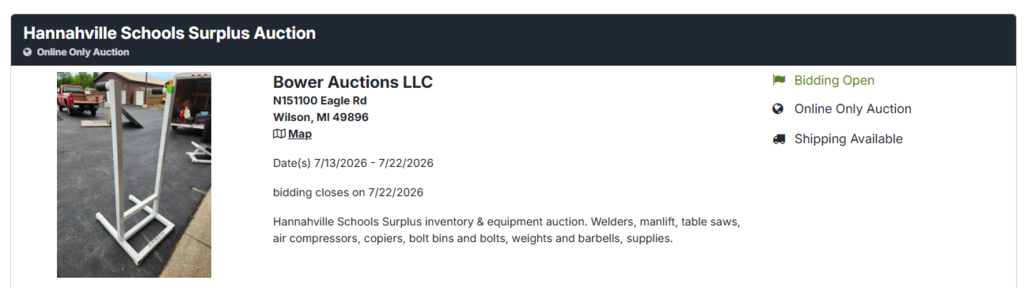 Hannahville Schools Surplus Auction 2026
