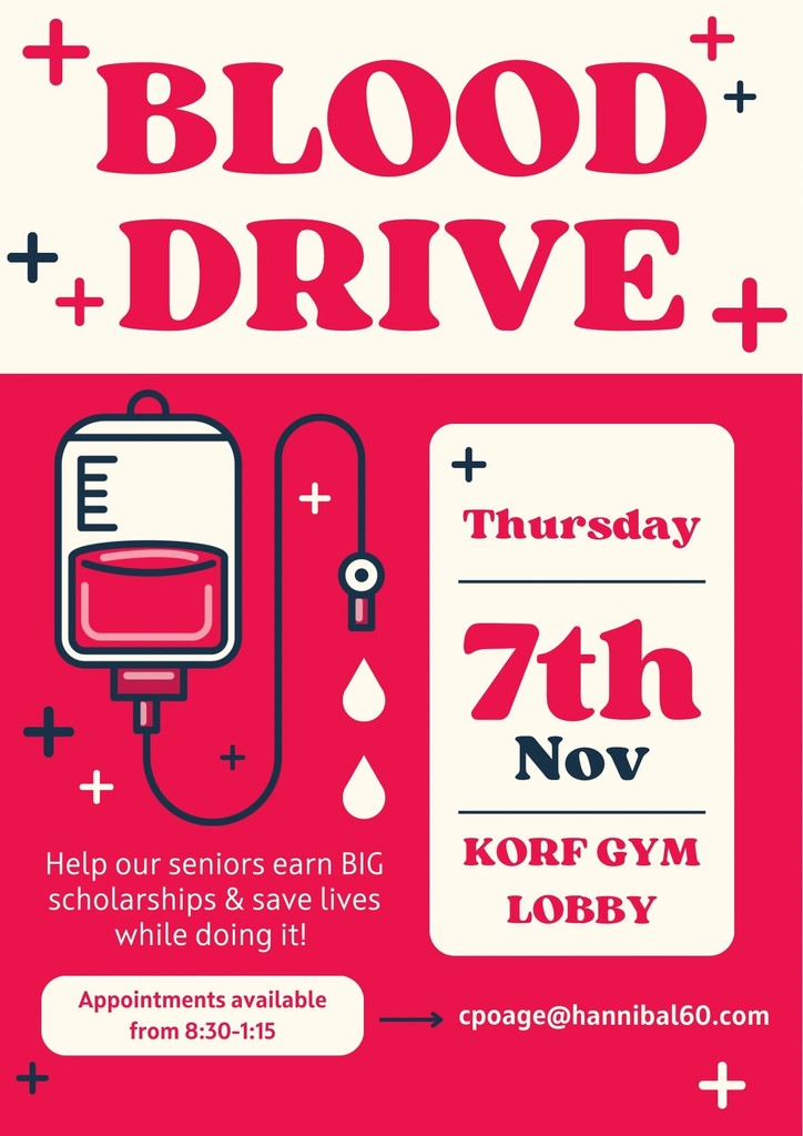Blood Drive on 11/7/24 from 8:30am -1:15pm in Korf lobby