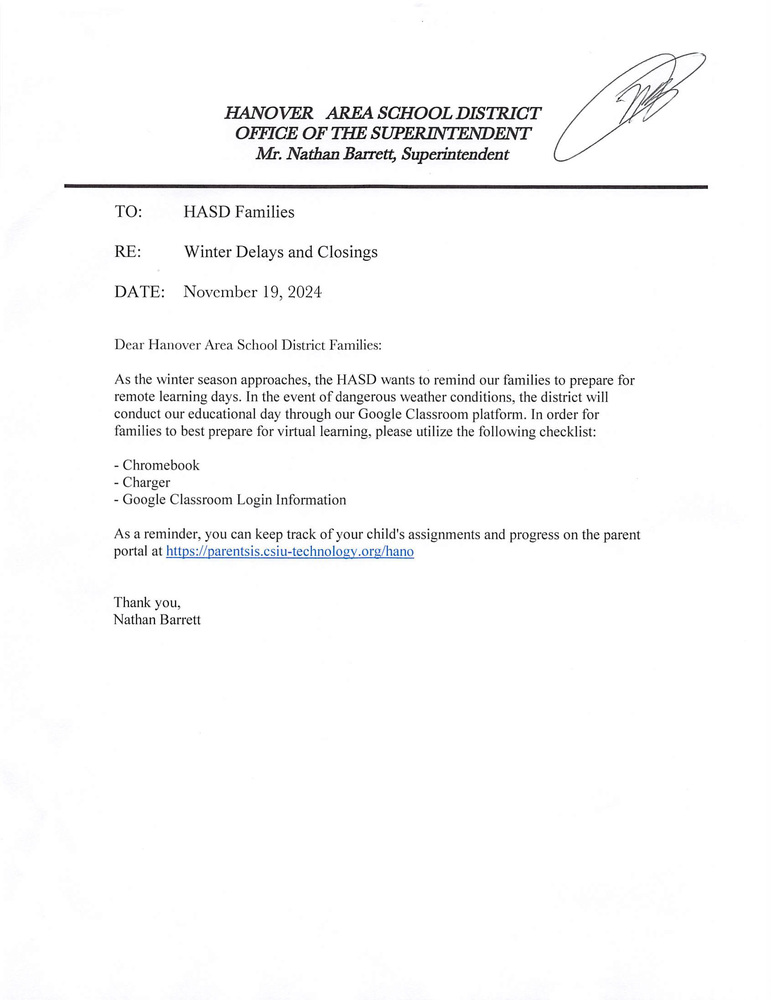 Winter Delays and Closings Memo