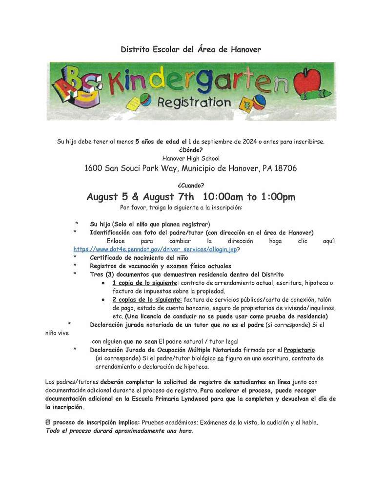 Kindergarten Registration Information (Spanish)