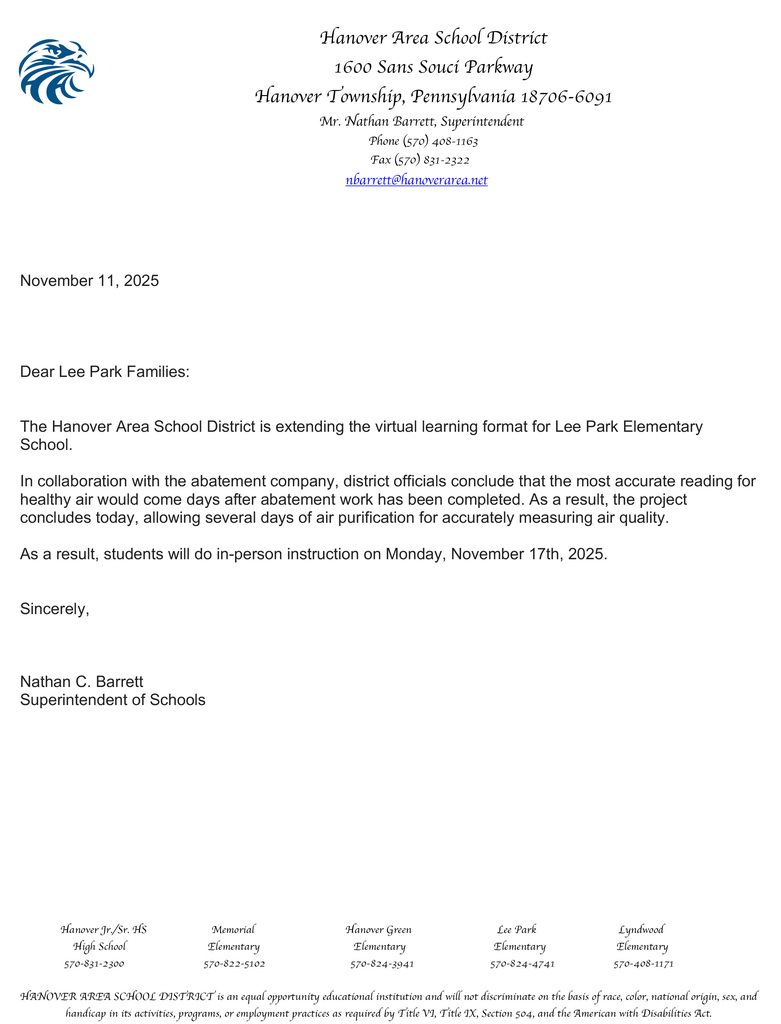 Lee Park Virtual Days notification