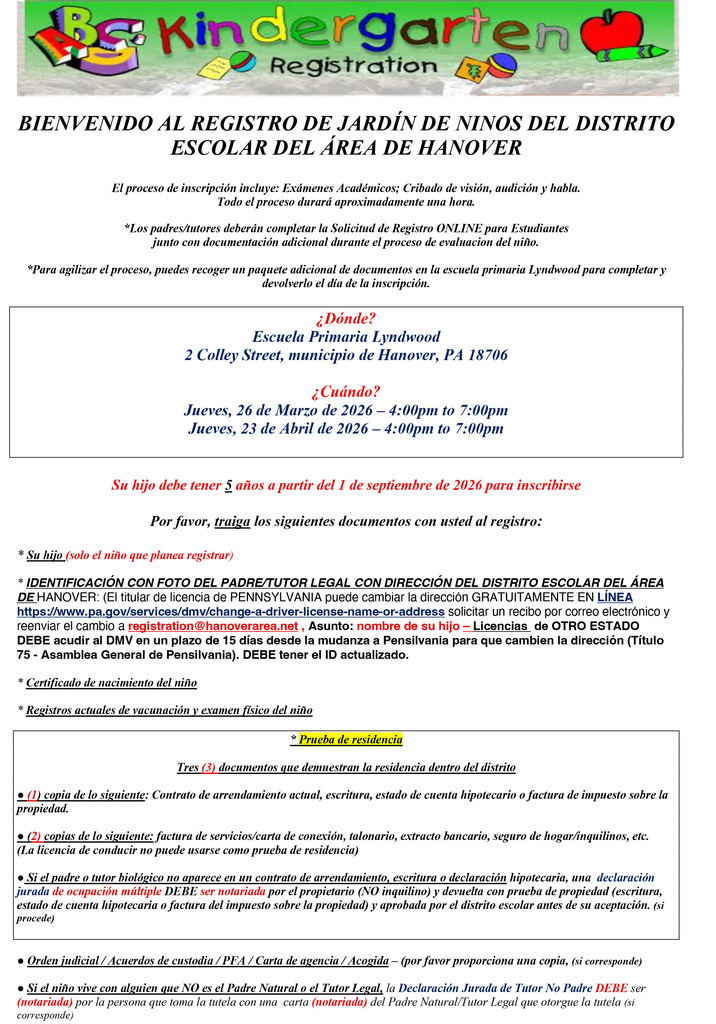 Kindergartend Registration (Spanish)