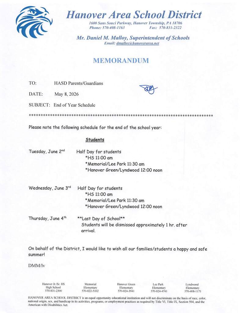 End of Year Memorandum for Mr. Malloy