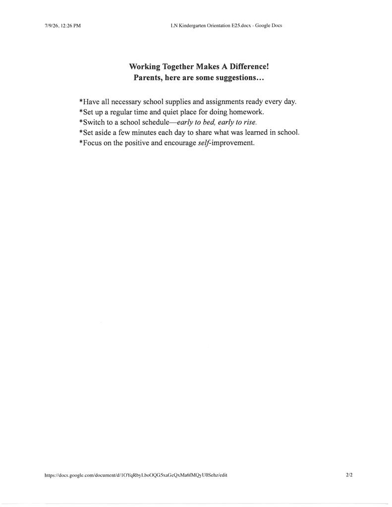 Kindergarten Orientation, page 2