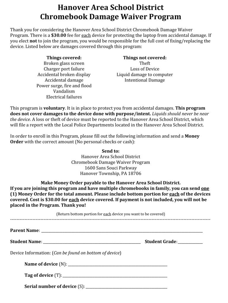 Hanover Area School District Chromebook Damage Waiver Form