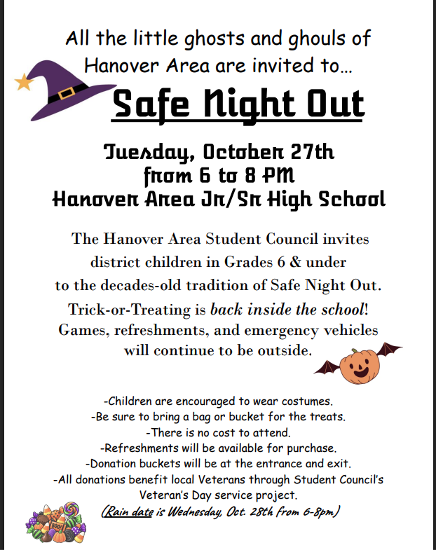 Safe Night Out 10/27/26 from 6 to 8 pm at the Jr./Sr. High School
