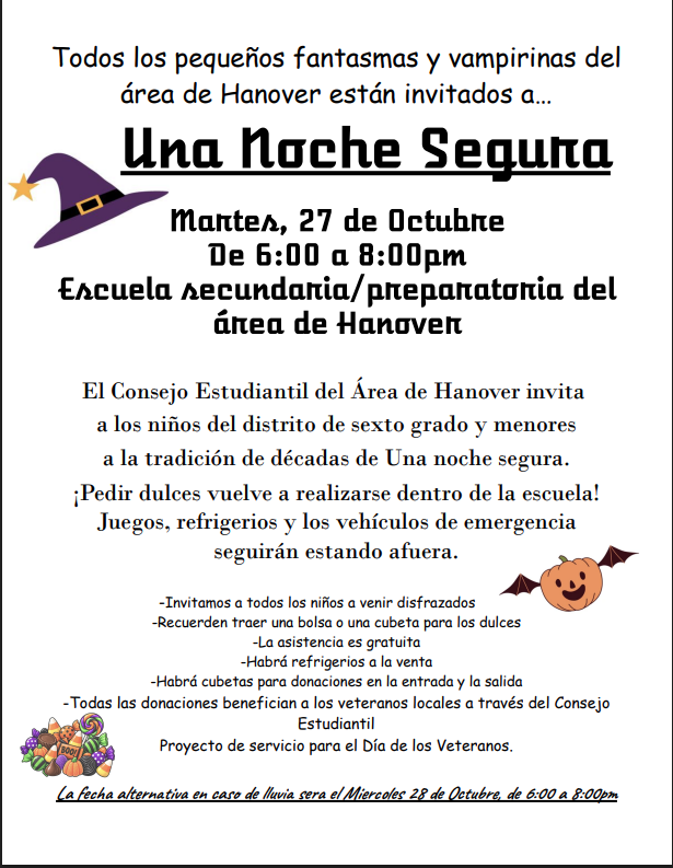 Safe Night Out 10/27/26 from 6 to 8 pm at the Jr./Sr. High School