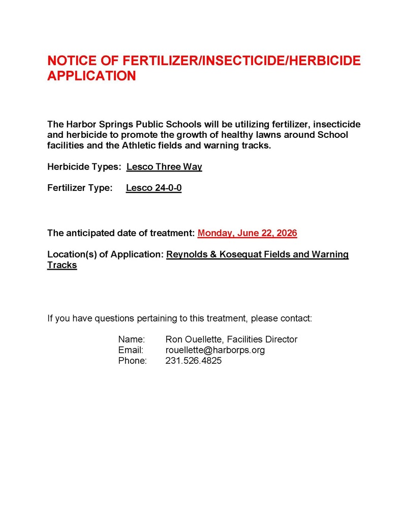 NOTICE OF FERTILIZER/INSECTICIDE/HERBICIDE APPLICATION