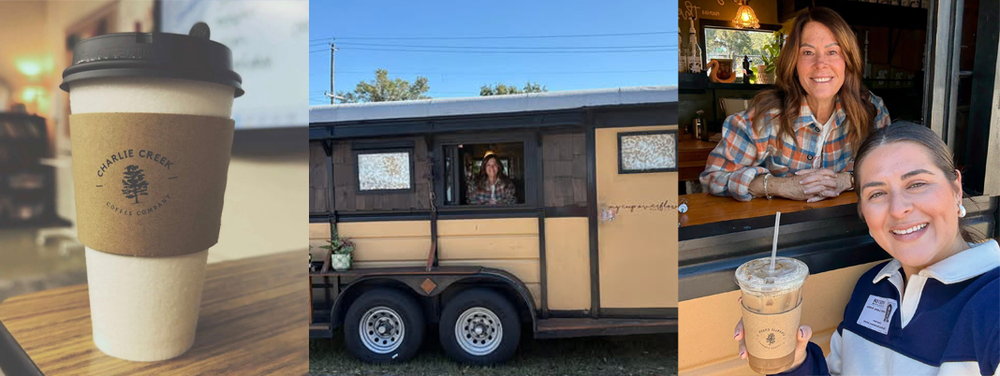 Coffee, coffee delivery vehicle, and two people with coffee