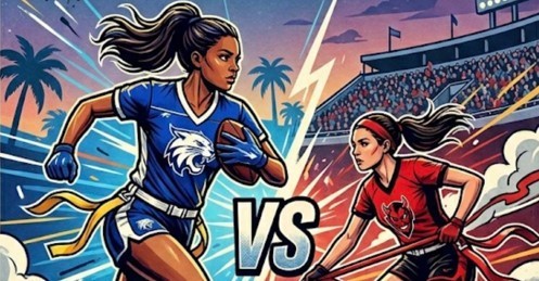 An illustrated  girl in blue carrying a  football vs a girl in red grabbing a flag