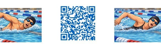 QR code for master swim / lap swim program with swimmers on either side