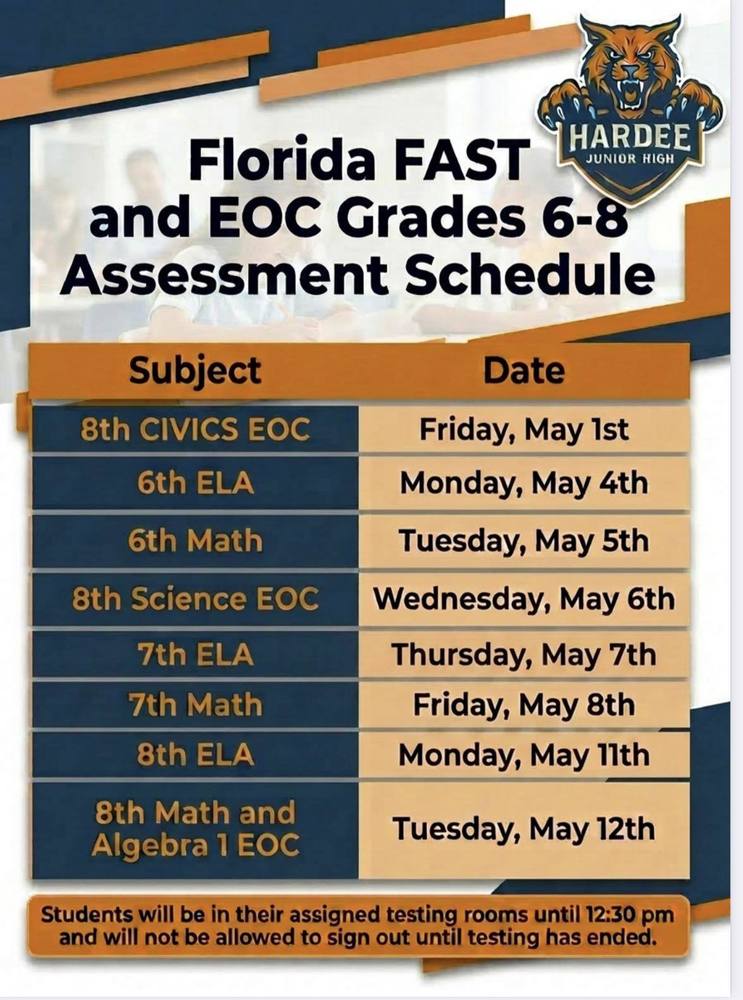 Florida FAST and EOC grades 6-8 assessments schedule,, information included in the article