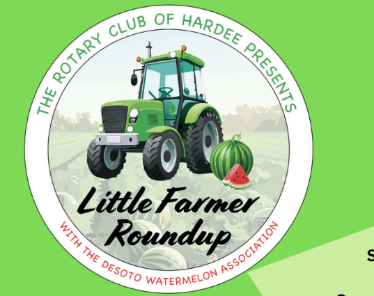 green tractor surrounded by watermelons. The rotary club if hardee presents "little farmer roundup" with the Desoto watermelon association.