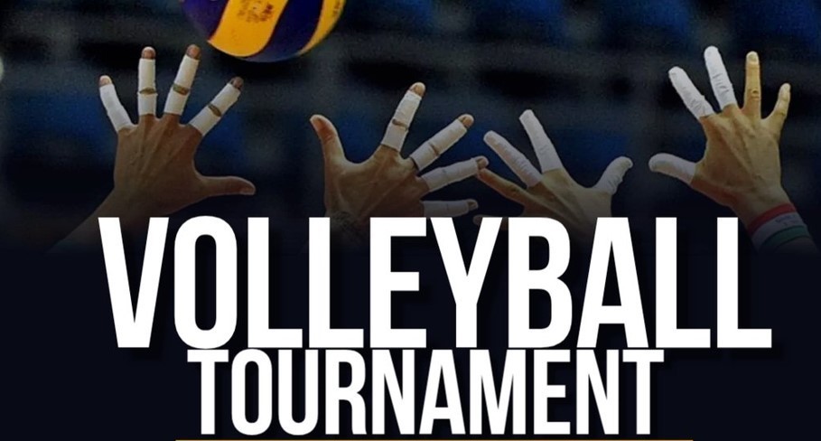 Volleyball tournament with hands reaching for a volleyball