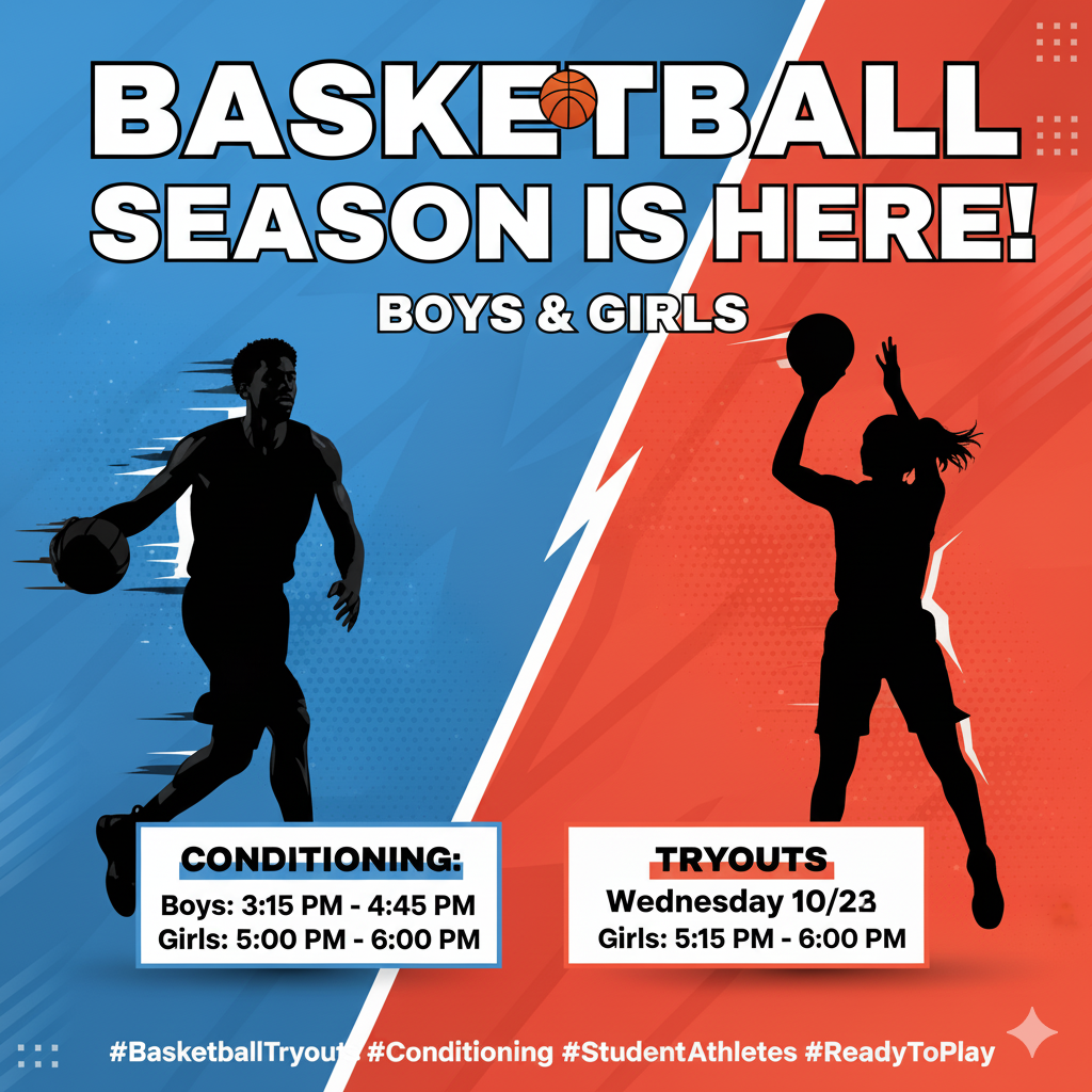 📣 ATTENTION ATHLETES! BASKETBALL SEASON IS ALMOST HERE! 🏀 Get ready for conditioning and tryouts next week. Mark your calendars with these key dates and times: 💪 Conditioning (Mandatory): Monday, 10/20 & Tuesday, 10/21 Boys: 3:15 PM - 4:45 PM Girls: 5:00 PM - 6:00 PM 🔥 Tryouts: Wednesday, 10/22 & Thursday, 10/23 Boys: 3:15 PM - 4:45 PM Girls: 5:00 PM - 6:00 PM Be sure to have all necessary paperwork completed! See you on the court!
