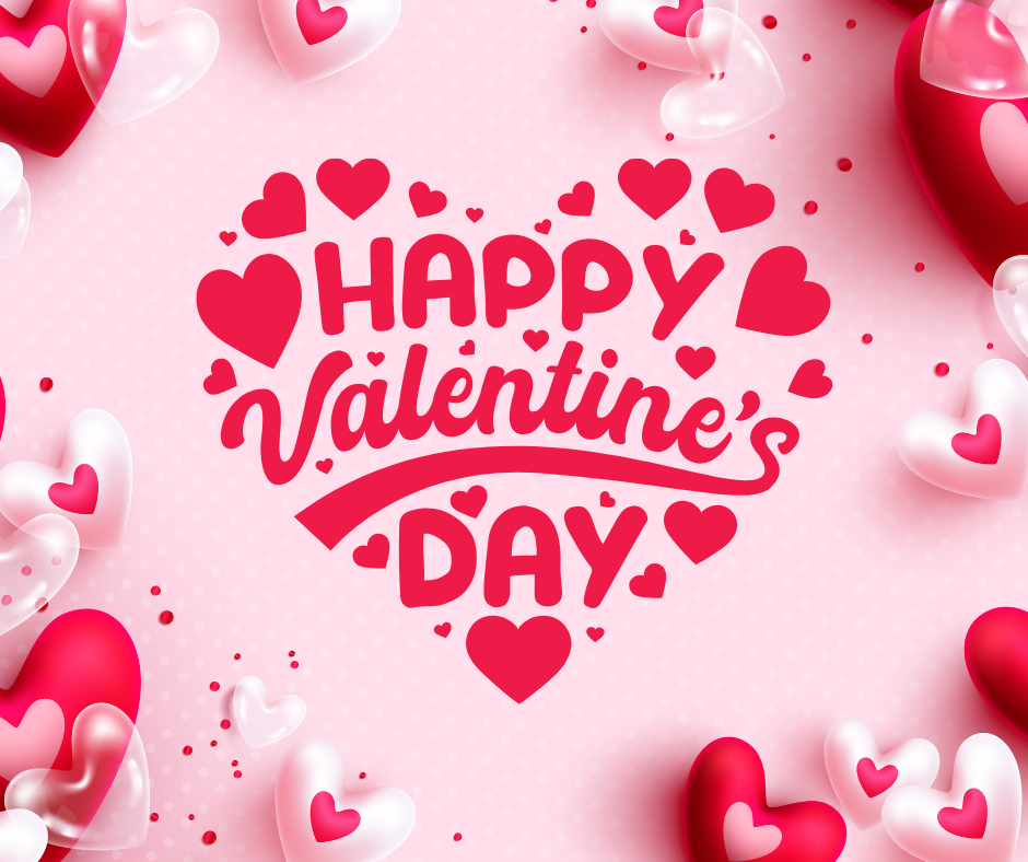 Happy Valentine's Day on a pink background with red and white hearts