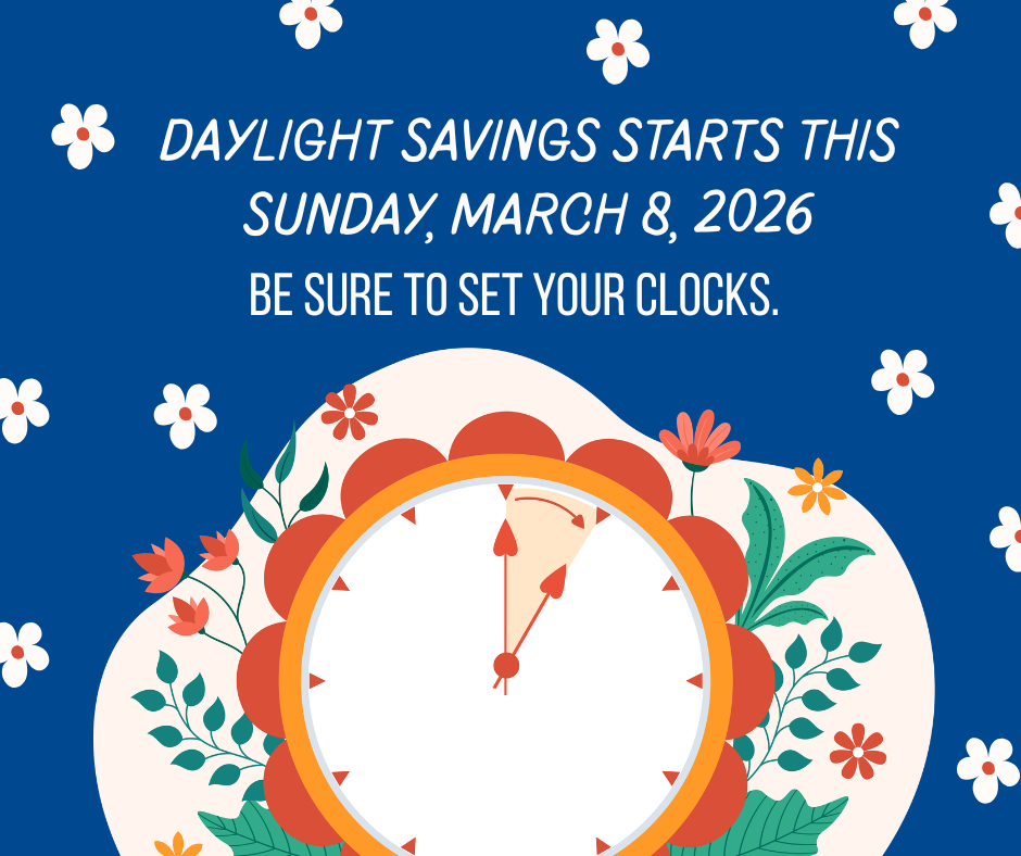 Spring Forward, March 8th on a blue background with white and orange flowers and a large clock
