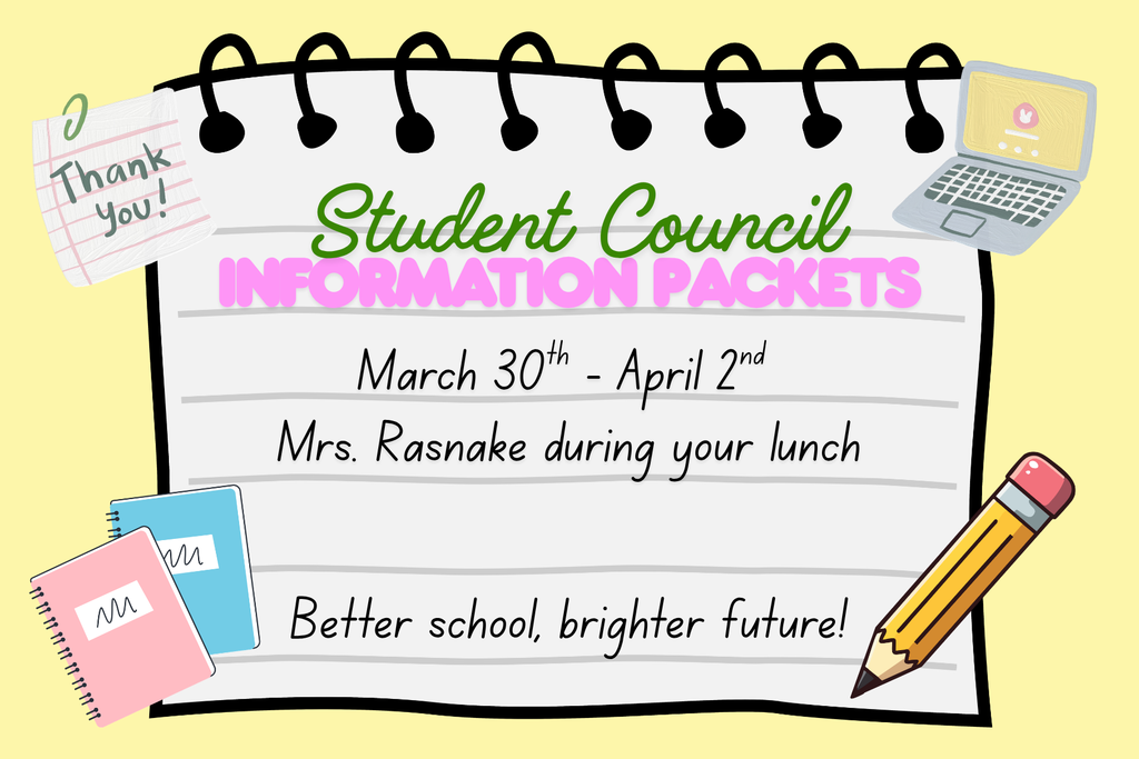 🚨 STUCO RECRUITMENT ALERT 🚨 Calling all current 6th & 7th graders! 🗣️ ✅ Info Packets: Available now for anyone interested in joining! ✅ Applications: Open for BOTH new and returning members. ✅ 8th Graders: Your High School StuCo info is coming soon—stay tuned! See Mrs. Rasnake for your paperwork! 📝✨