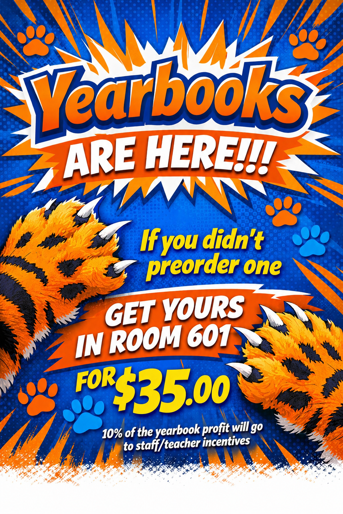 Yearbooks are here! On an orange and blue poster with wildcat paws.