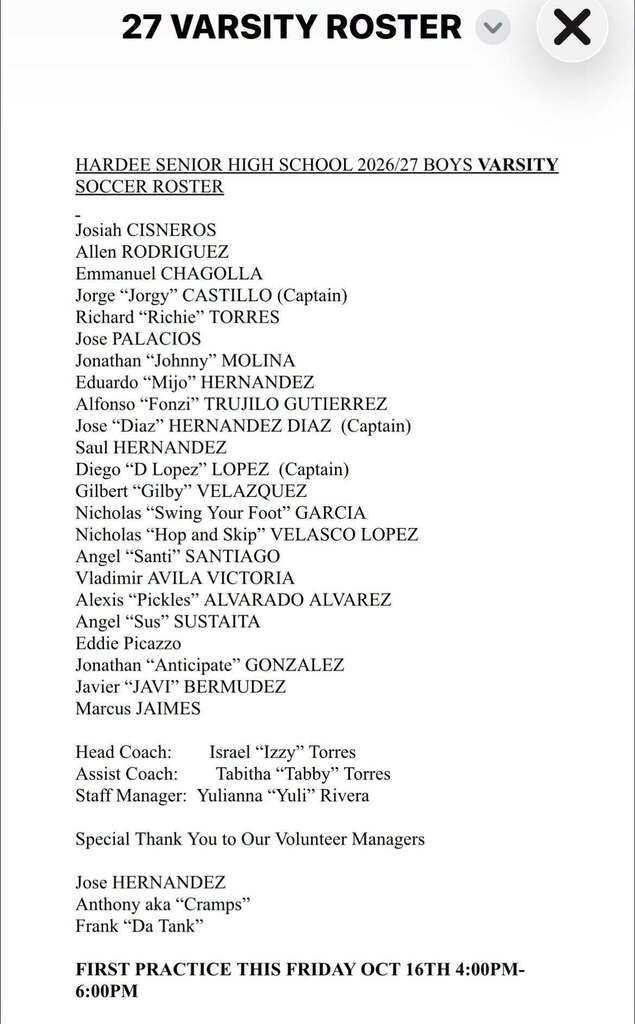 varsity roster for boys soccer 2026-27
