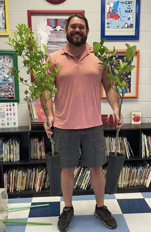 man holding two saplings