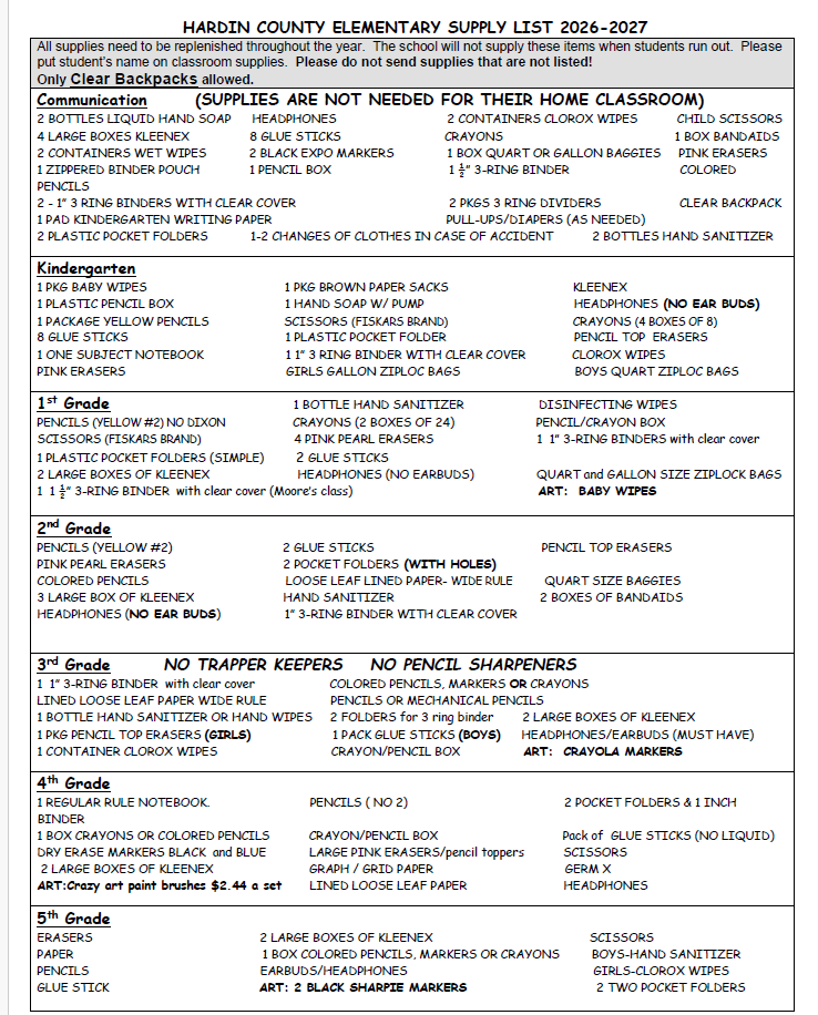 ELEMENTARY SUPPLY LIST