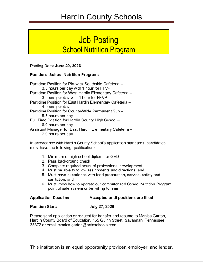Hardin Co. School Nutrition Job Openings