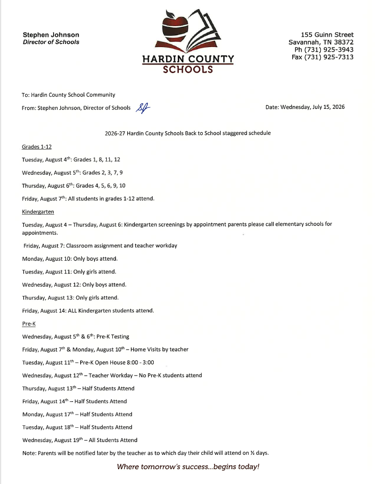 2026-27 Hardin County Schools Staggered Start Schedule