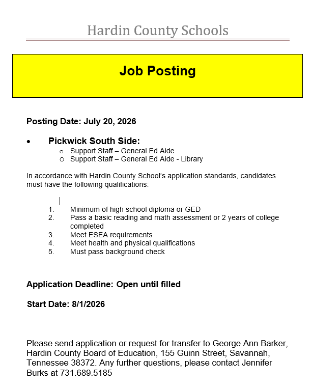 Pickwick South Side Job Openings