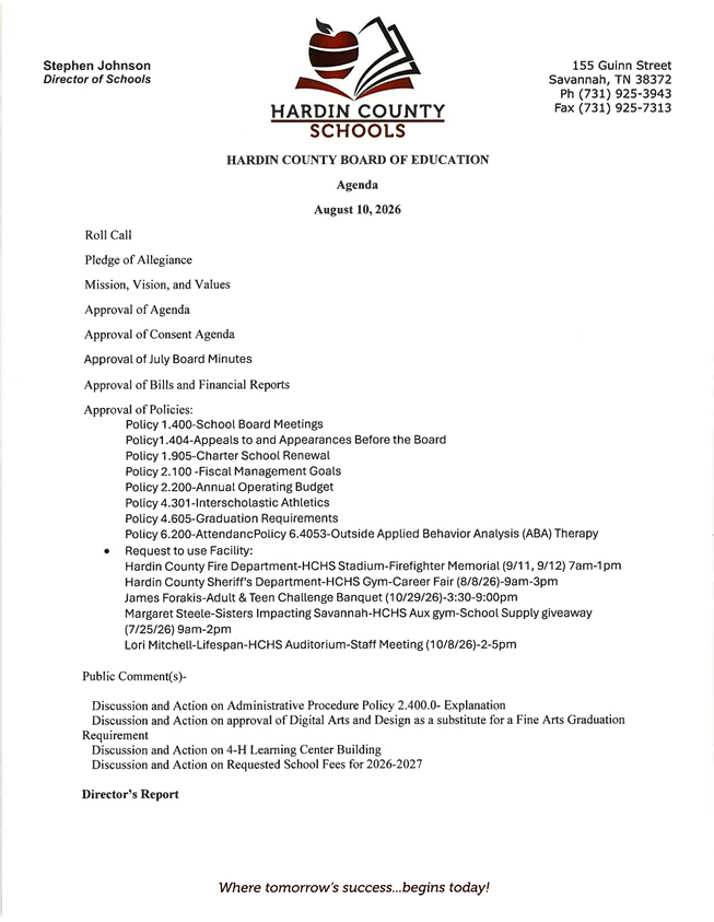 HC School Board Meeting Agenda 20260810