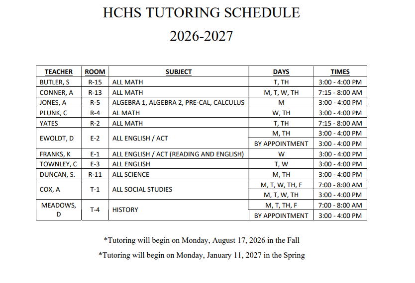 HCHS Tutoring Schedule