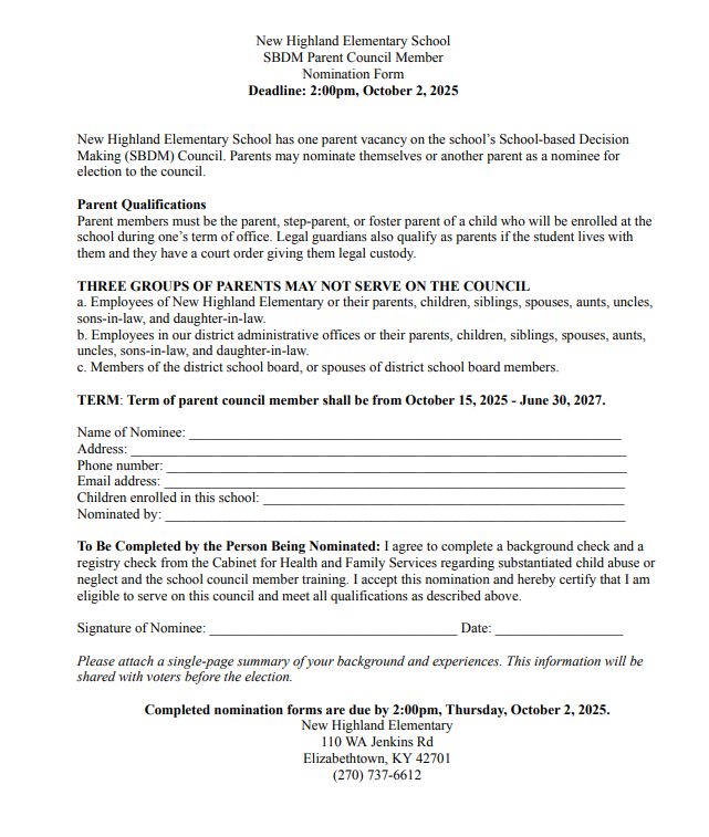 SBDM Parent Election Nomination Form