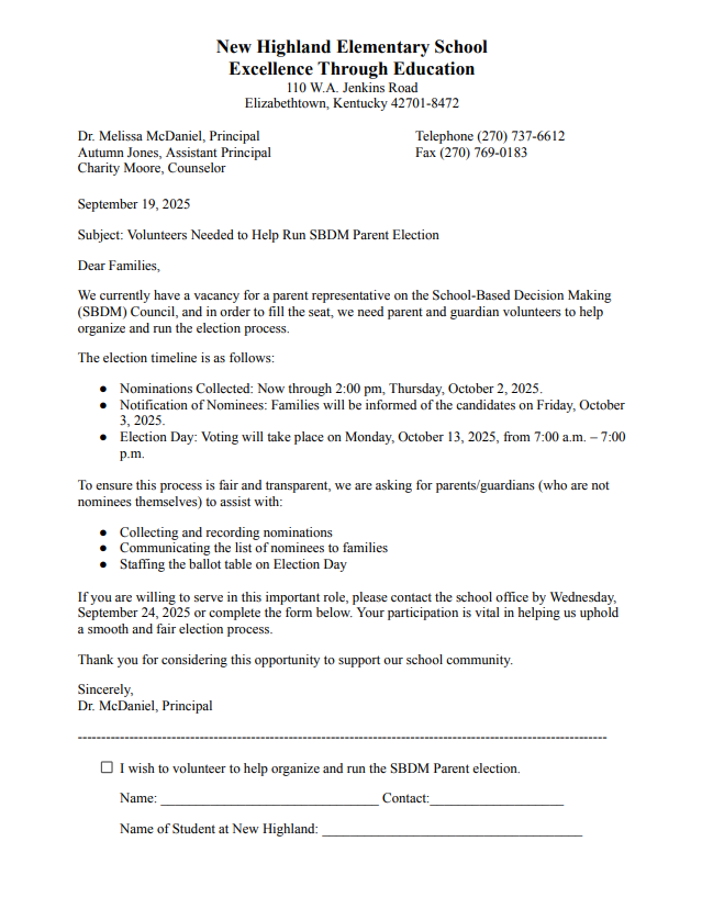 SBDM Parent Election-Volunteer to Help Run Parent Election