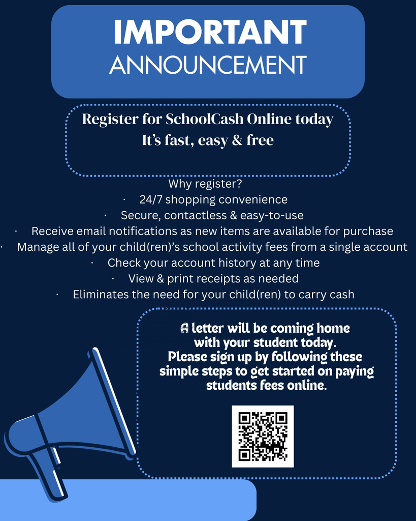 Register for SchoolCash Online, avoid your child having to carry cash to school. Quick and easy to pay your child's fees online. You can use the QR code or use this website to sign up. https://district.schoolcashonline.com