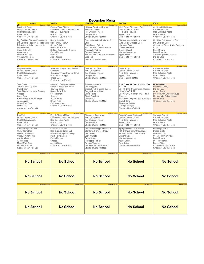 December Breakfast and Lunch menu