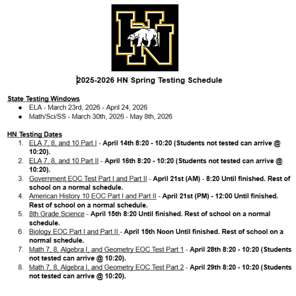 Spring testing schedule