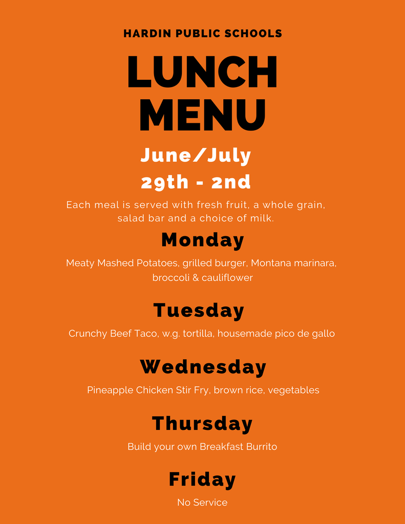 Summer Foods Hot Lunch Menu