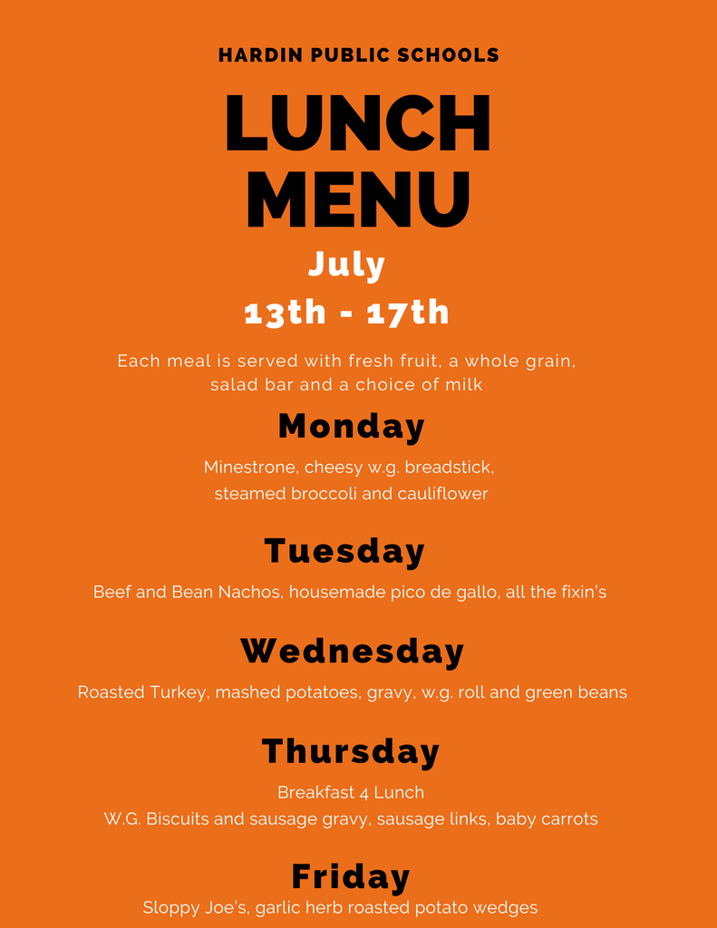 Hot Lunch menu for the summer