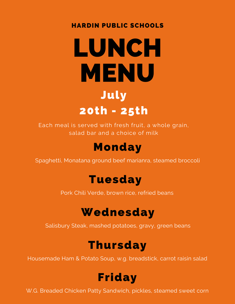 Summer Foods Hot Lunch Menu