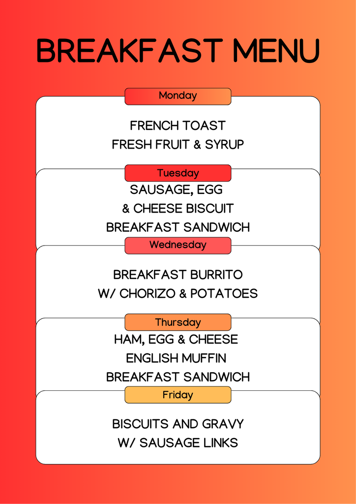 Weekly Breakfast Menu