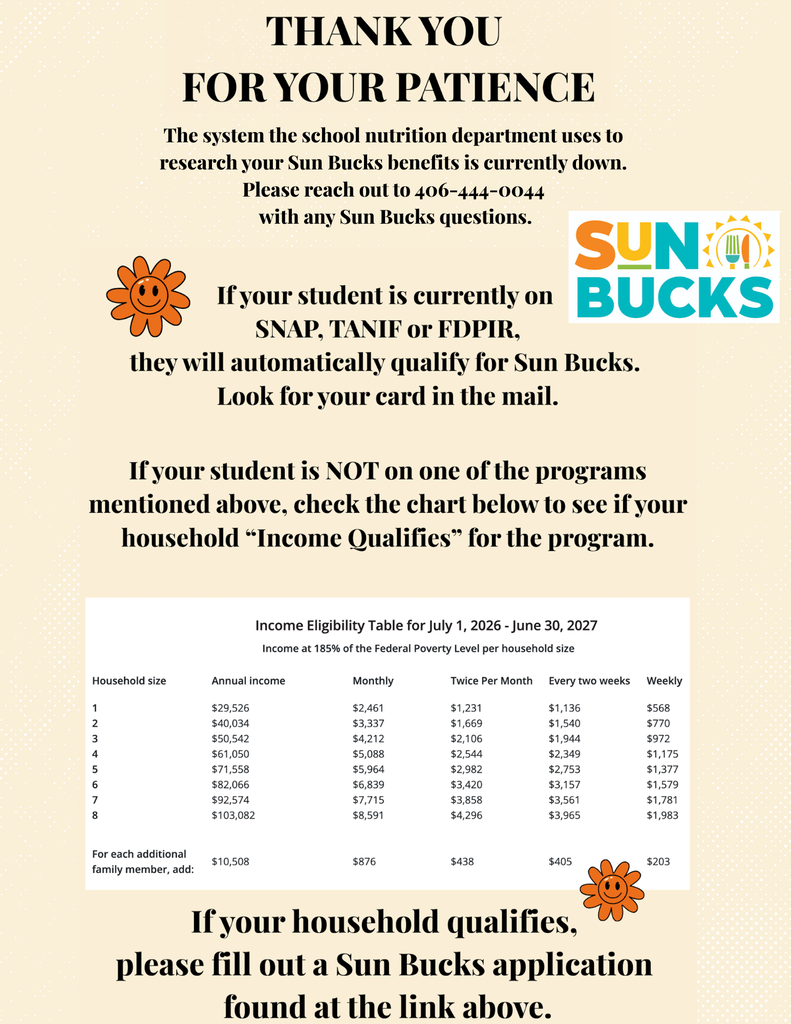 If your student qualifies for SNAP, TANIF or FDPIR you will automatically receive a Sun Bucks card in the mail. If not, please apply to Sun. Bucks at the link above. If you income qualify, they will send you a card.