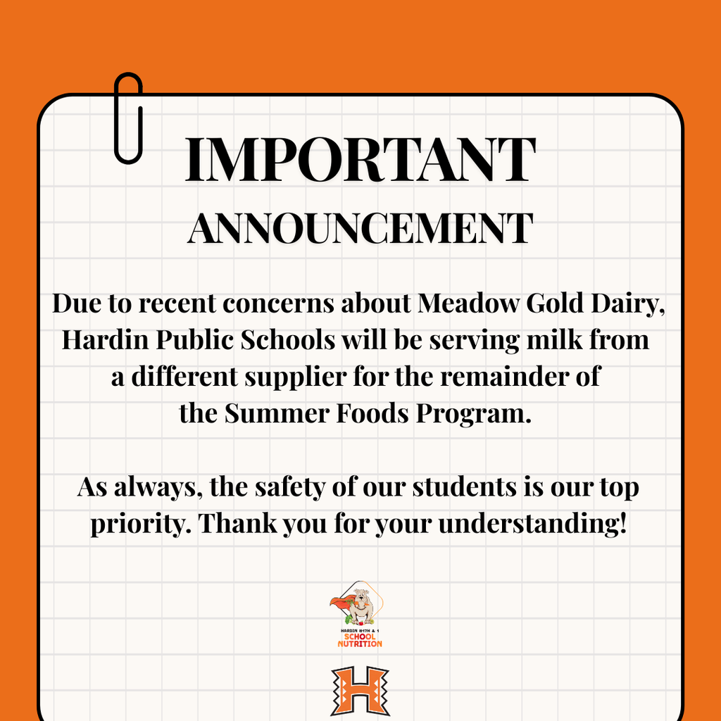 Due to recent concerns about Meadow Gold Dairy, Hardin Public Schools will be serving milk from a different supplier for the remainder of the summer foods program.