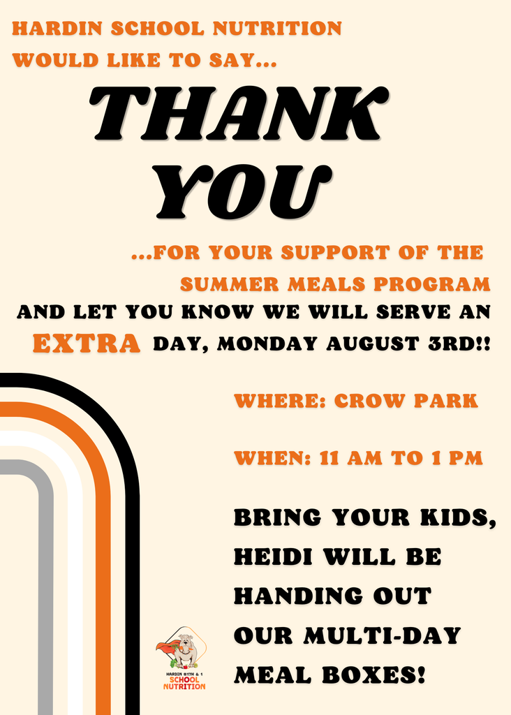 Thank you for your support of the summer meals program. We will be serving one more day this coming Monday August 3rd at Crow park. Bring your kids and pick up multi day meal boxes from 11 am to 1 pm.